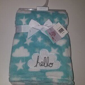 NEW Hello Baby Gear Blue White Clouds Stars Fleece Baby Blanket Sky Lovey Gift